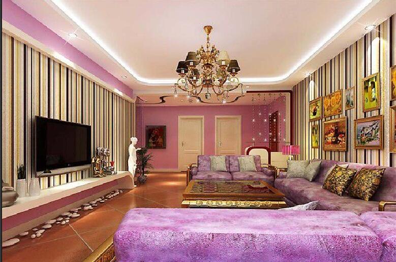 锡林郭勒国土资源小区淡粉红色墙面条纹电视墙U形紫色沙发效果图