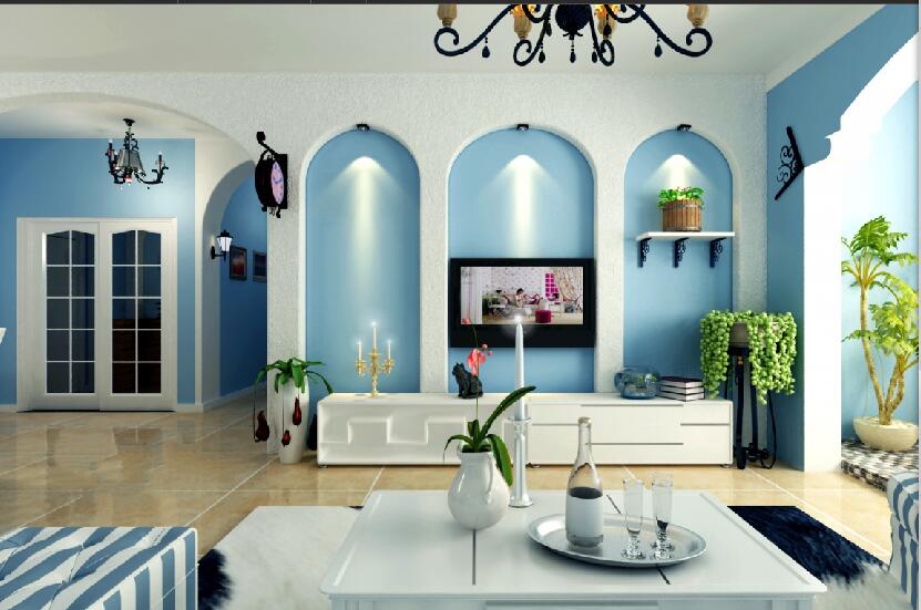 锡林郭勒广泰小区客厅拱形电视墙淡蓝色墙壁蓝色条纹沙发壁钟效果图