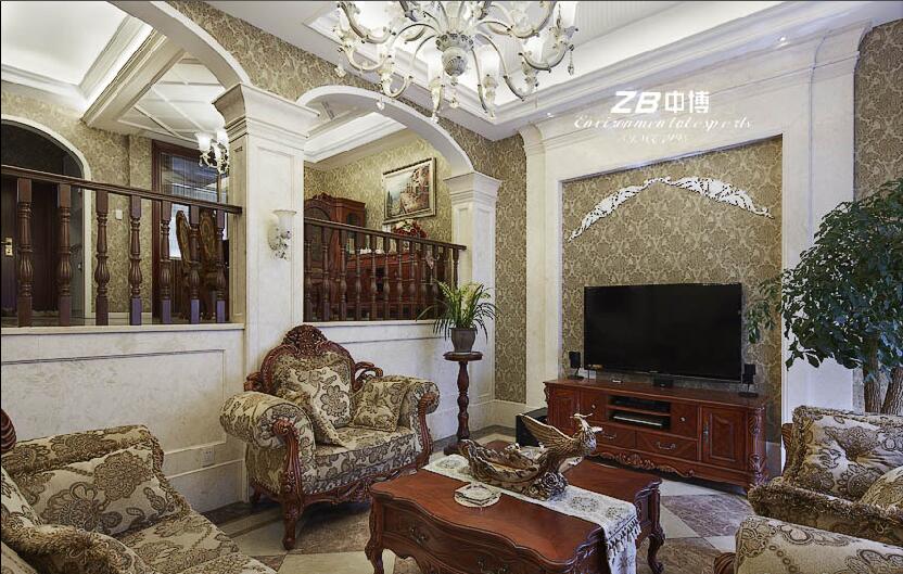 锡林郭勒四季雅苑复式楼欧式客厅家具红木色茶几效果图