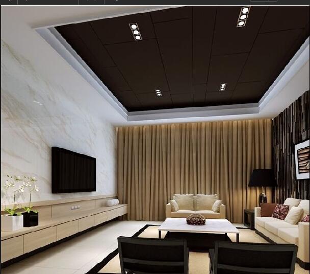锡林郭勒恩格尔艾利黑色饰面板吊顶咖啡色窗帘原木色电视墙效果图