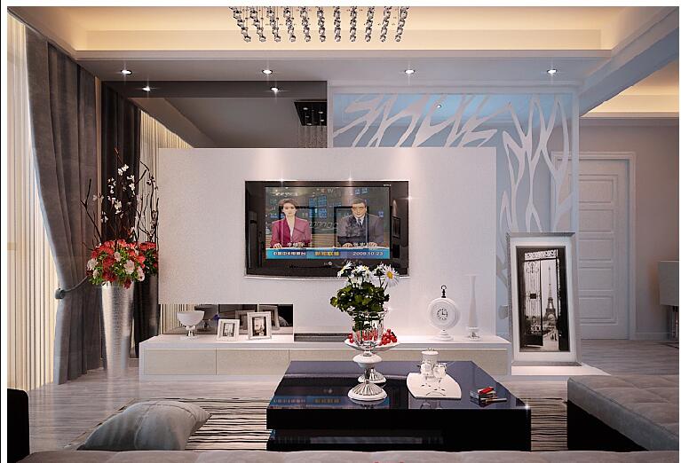 锡林郭勒艾勒小区树形镂空隔断电视墙L形沙发方形茶几效果图