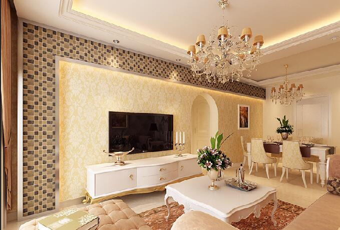 锡林郭勒东盈小区欧式客厅黄色壁纸水晶灯拱形卧室门咖啡色窗帘效果图