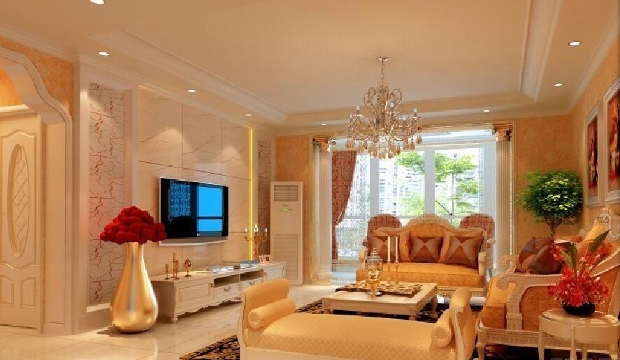 阿拉善祥和家园黄色客厅壁纸欧式家具拱形门水晶吊灯效果图