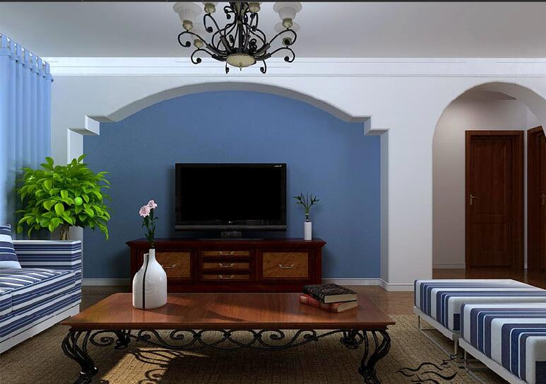 沈阳梦想e居白蓝条纹沙发铁艺实木茶几淡地中海风格蓝色拱形电视墙效果图