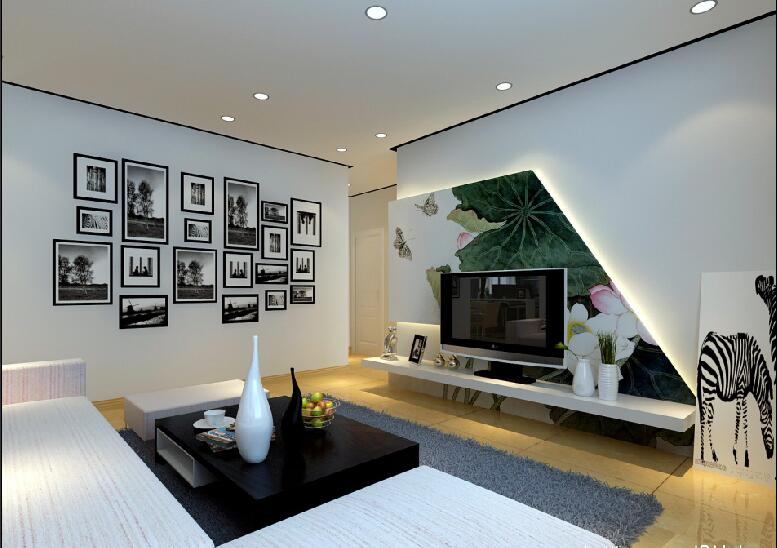 沈阳Smart地铁公寓50平米客厅筒灯吊顶不规则电视墙荷花壁纸简易沙发效果图
