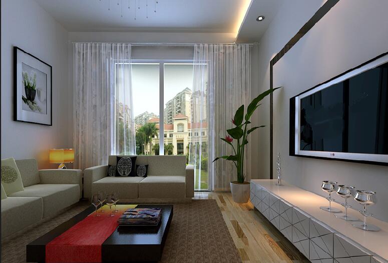 大连捷凤街白色透明窗帘长方形客厅方形沙发红黑茶几白色电视柜效果图