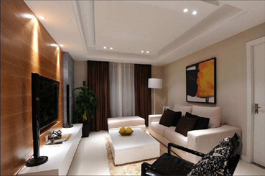 大连银洲国际大厦长方形客厅石膏板筒灯吊顶饰面板电视墙白色沙发效果图