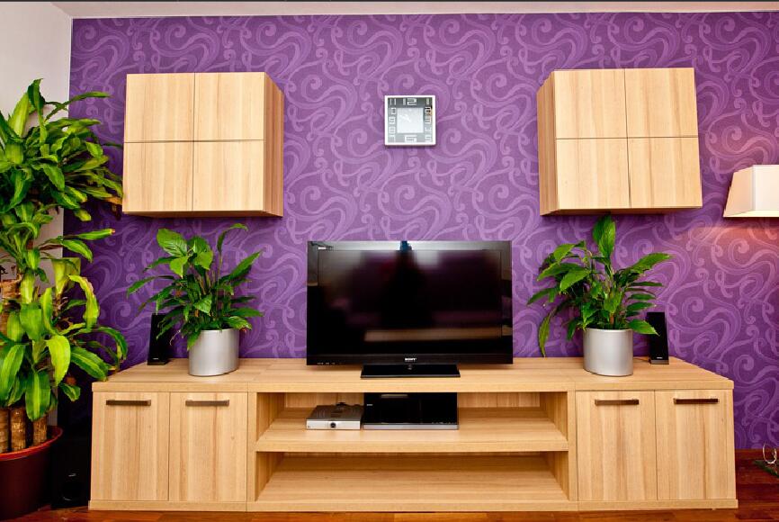 大连葵英花园紫色电视墙实木电视柜客厅台灯木地板效果图