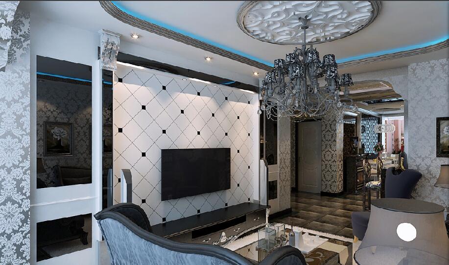 大连景和公寓客厅圆形镂空雕花吊顶浅色壁纸组合家具效果图