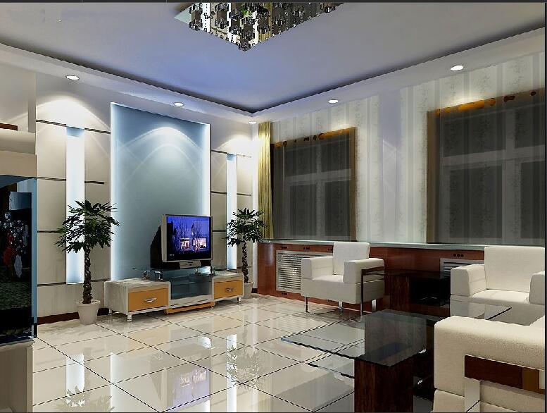 鞍山东亚第一城三期长方形客厅筒灯吊顶浅蓝色电视墙玻化地砖效果图