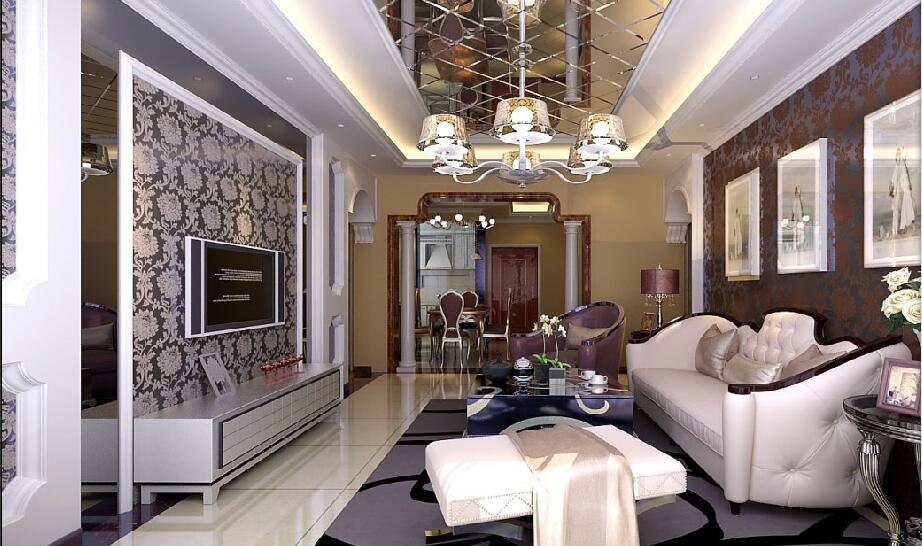 抚顺东方明珠菱形镜面客厅吊顶白皮沙发客厅拱形罗马柱效果图