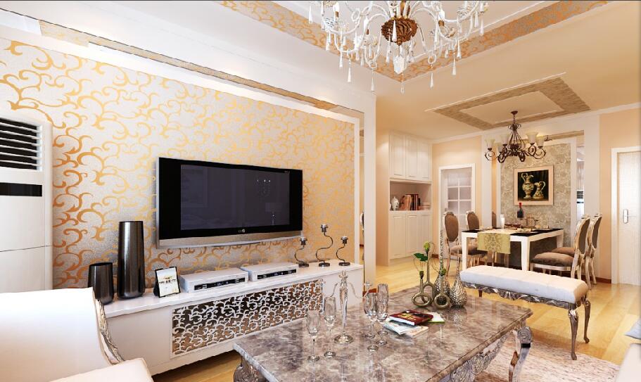 抚顺蓝天水岸黄色客厅壁纸欧式花电视墙白色吊灯大理石茶几效果图