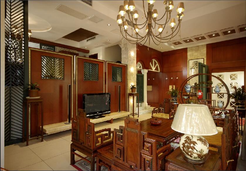 丹东滨江3号复古中式客厅红色实木家具博古架复古吊灯效果图