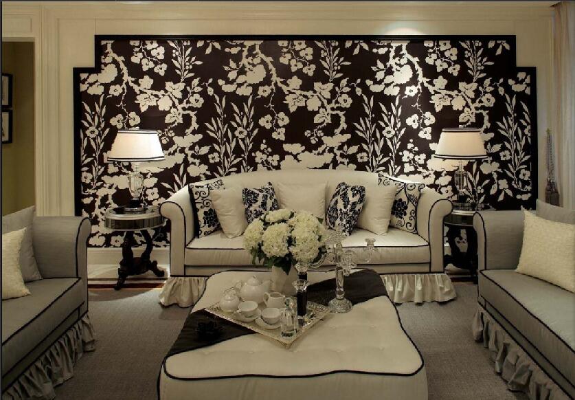 丹东民兴国际花园欧式黑白系客厅黑底白花沙发背景墙效果图