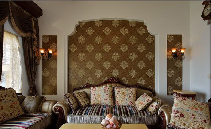 丹东滨江壹号拱形沙发背景墙复古欧式组合沙发客厅壁灯欧式窗帘效果图