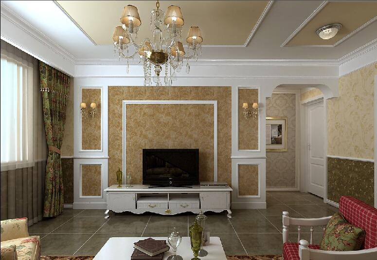 锦州锦绣家园50平米简欧客厅黄色客厅壁纸石膏吊顶拱形客厅门效果图