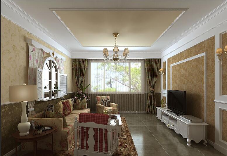 锦州锦绣家园高层客厅拱形沙发背景墙窗户欧式花黄色壁纸石膏吊顶效果图