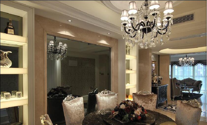 锦州华光园奢华欧式餐厅圆形餐桌水晶吊灯玻璃墙面效果图