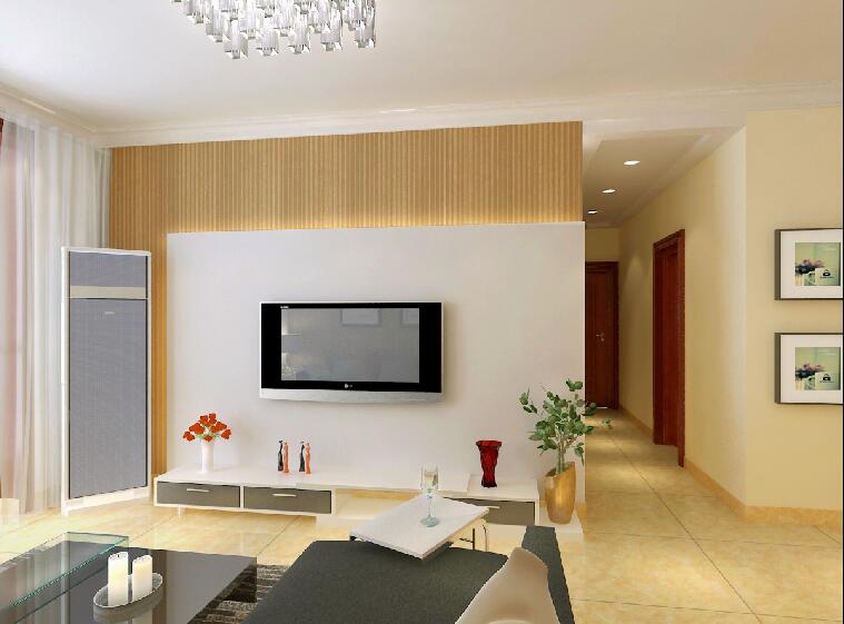 锦州红叶枫景简约小客厅玻璃茶几黄色客厅墙壁白色饰面板电视墙效果图