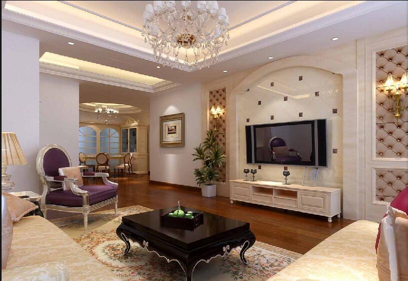 锦州科技嘉园欧式客厅拱形瓷砖电视墙水晶灯客厅欧式花地毯效果图
