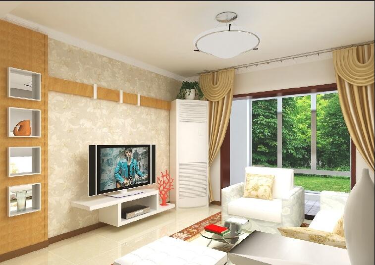 锦州金港湾40平米小客厅黄色欧式花电视墙罗马杆窗帘方形沙发效果图