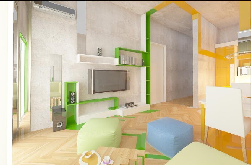 锦州城北阳光五期创意客厅木地板开放式厨房糖果色沙发凳效果图