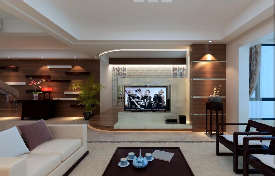 锦州尚·海一品80平米客厅白色砌砖饰面板电视墙封闭式阳台筒灯吊顶效果图