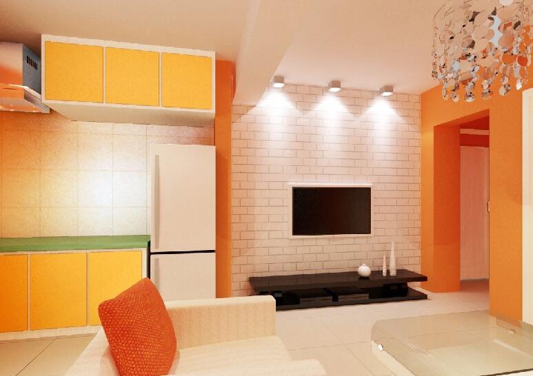 营口玄水云山糖果色客厅白色砖块电视墙橘黄色过道门玻璃茶几效果图