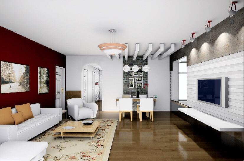 营口海航城简约客厅红色沙发墙木条餐厅吊顶球形吊灯拱形客厅门效果图