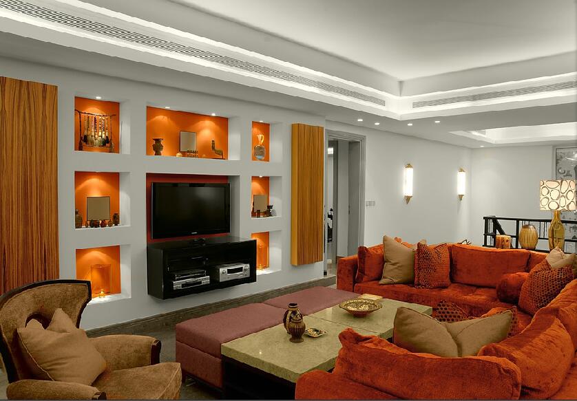 阜新丹阳小区长方形客厅橘黄色绒布沙发嵌入式电视墙置物架效果图