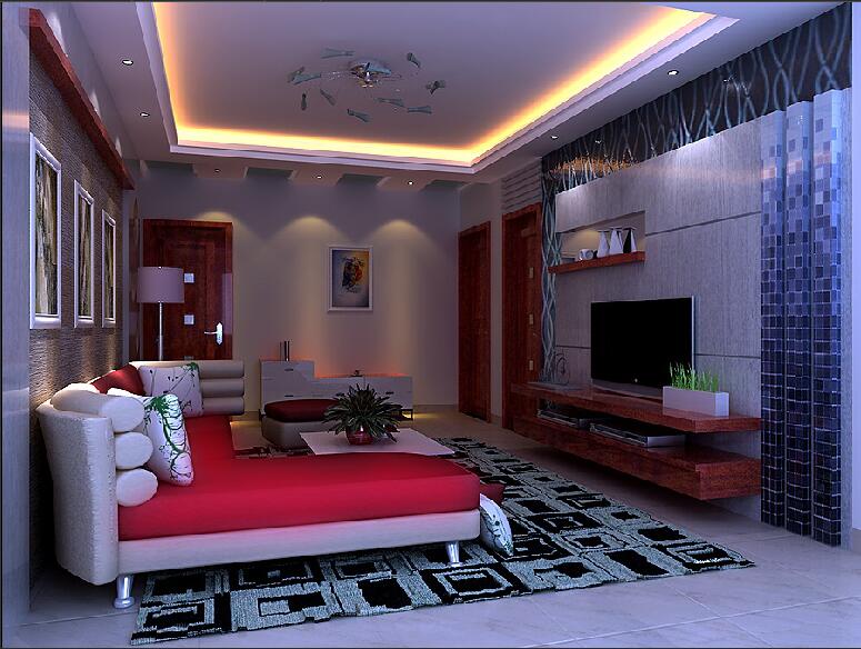 阜新祥宇-新华丽都创意客厅灯红色沙发实木电视墙层板效果图