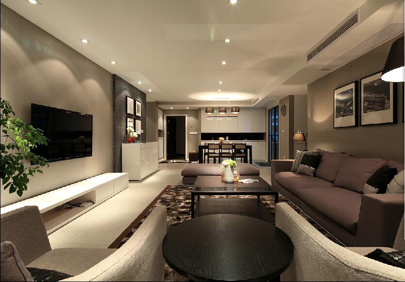 石家庄260公寓现代简约客厅筒灯吊顶布艺组合沙发效果图