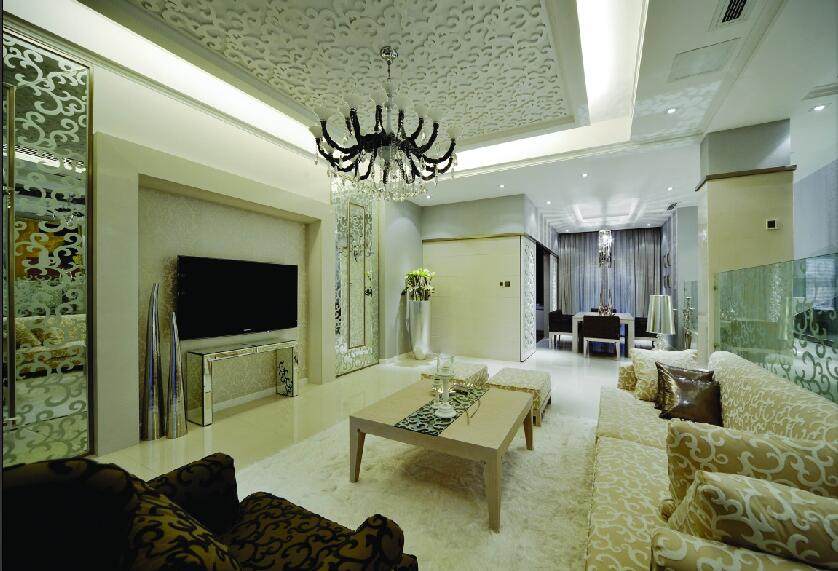 石家庄广和大厦欧式客厅天花板吊顶欧式沙发黑色水晶灯效果图