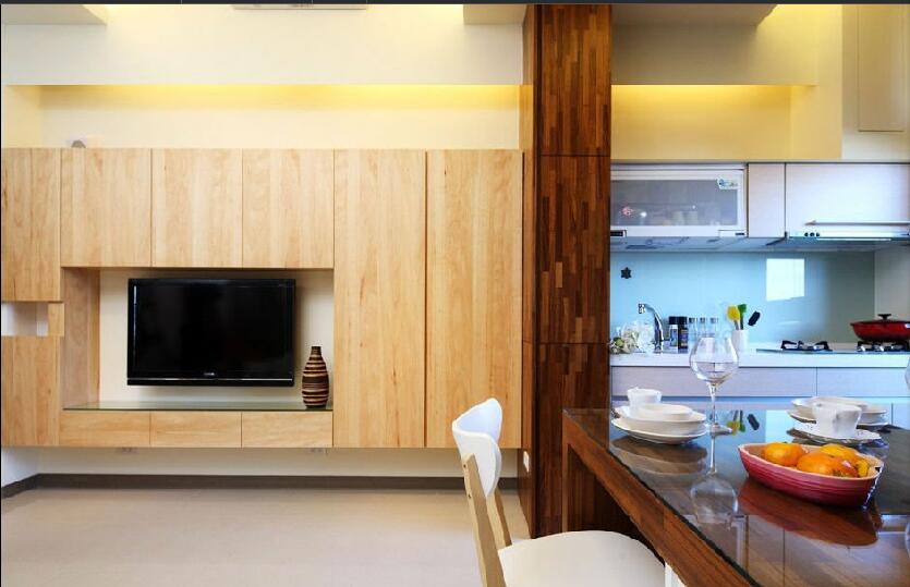 石家庄华新园餐厅客厅一体式开放式厨房嵌入式饰面板电视墙效果图
