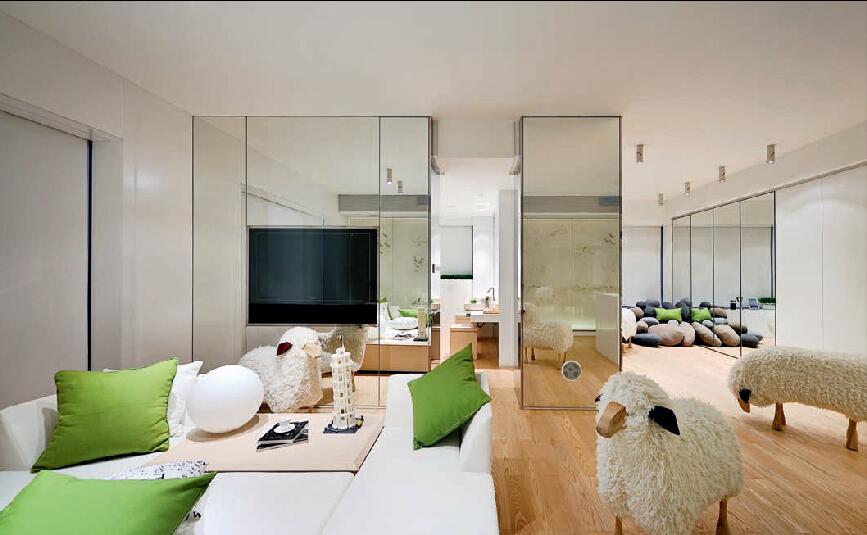 石家庄八家庄公寓现代简约客厅筒灯吊顶玻璃电视墙小羊椅子效果图