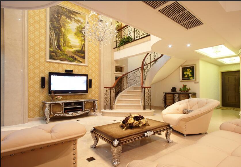 石家庄庄伙小区复式楼旋转楼梯挑高客厅米白色欧式沙发效果图