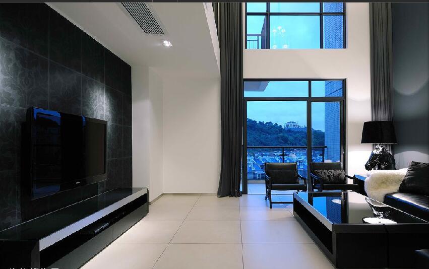 石家庄义堂小区别墅挑高客厅黑色组合沙发黑瓷砖电视墙效果图