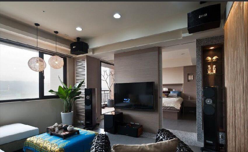 辽阳银领国际公寓现代简约客厅卧室球形吊灯隔断电视墙方形藤编沙发效果