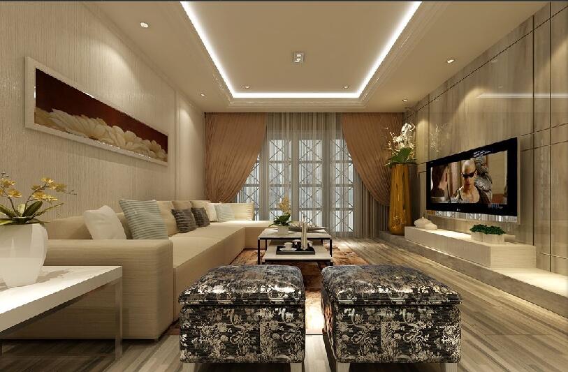辽阳福禄园现代简约长方形客厅筒灯吊顶浅色客厅墙纸L形沙发效果图