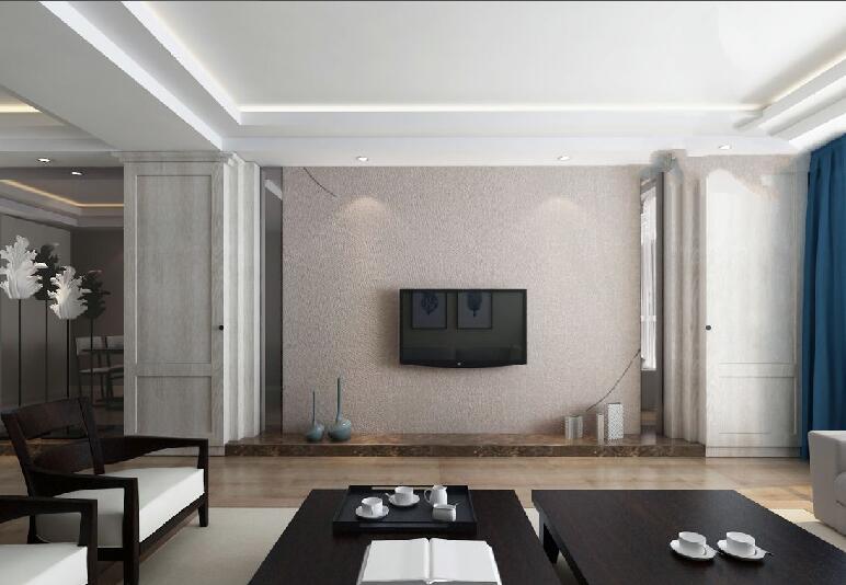 辽阳新梅小区现代简约客厅多层中空吊顶黑色茶几现代电视墙效果图