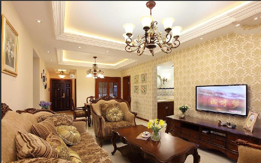 辽阳东北MALL欧式实木家具欧式花黄色客厅壁纸效果图