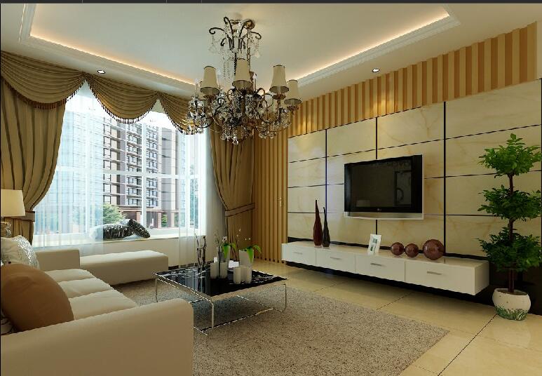 辽阳金城福邸简欧客厅木条电视墙复古吊灯米白色皮沙发效果图