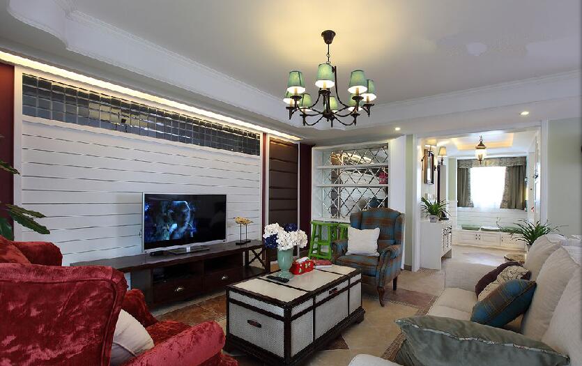 辽阳左岸·智慧城简欧长方形客厅方格沙发白色木条电视墙效果图