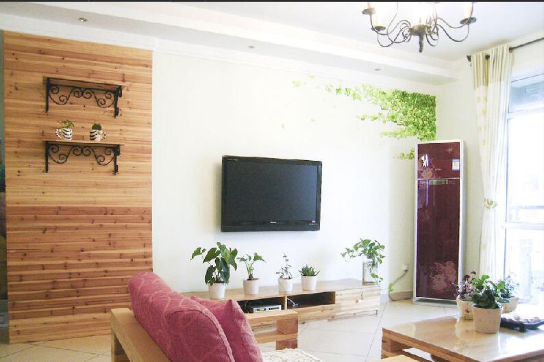 辽阳罗马假日现代客厅原木色家具饰面板电视墙立式空调摆放效果图