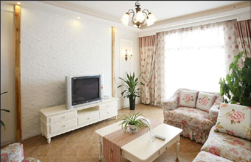 辽阳中天城市广场韩式客厅碎花沙发白色砌砖电视墙效果图