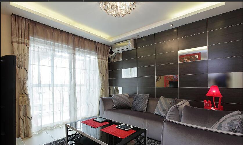 辽阳中泽城30平米简约客厅双色窗帘黑色瓷砖沙发墙效果图