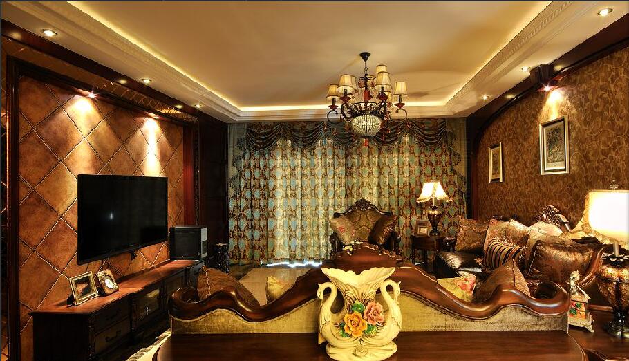 盘锦筑景·巴塞罗那二期奢华欧式客厅复古实木家具菱形瓷砖电视墙效果图
