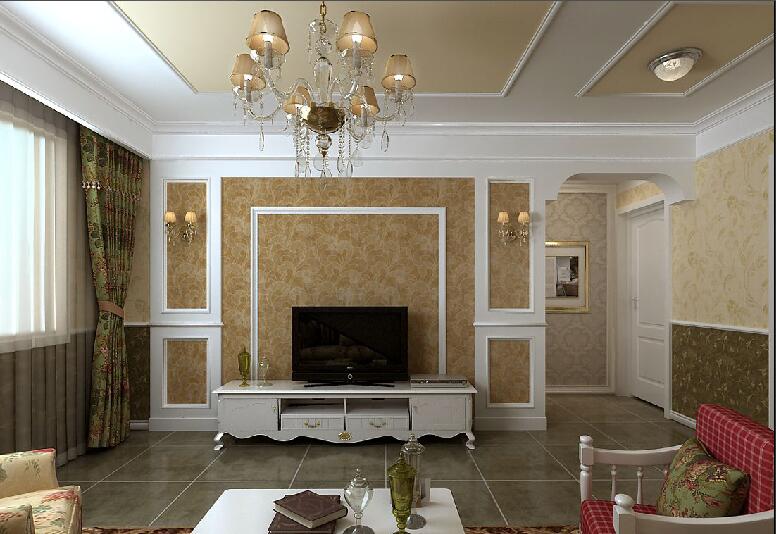 铁岭府地佳园60平米欧式客厅黄色壁纸拱形客厅门格子沙发效果图