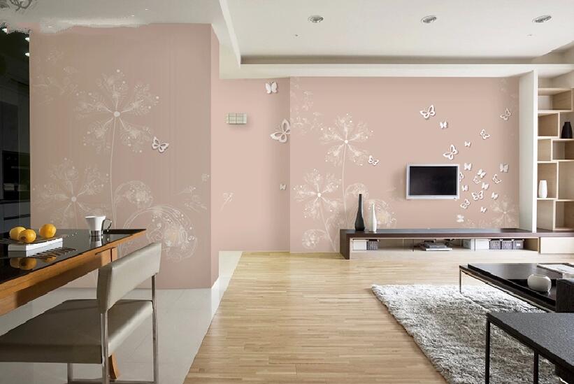 铁岭玉泉小区60平米粉色客厅墙壁蝴蝶图案电视墙原木色木地板效果图