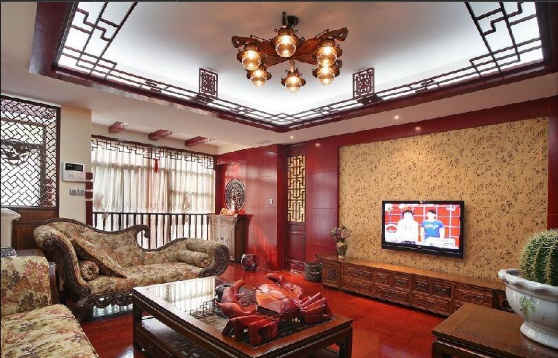 铁岭阳光园中式古典客厅雕花板吊顶红木家具红木饰面板效果图